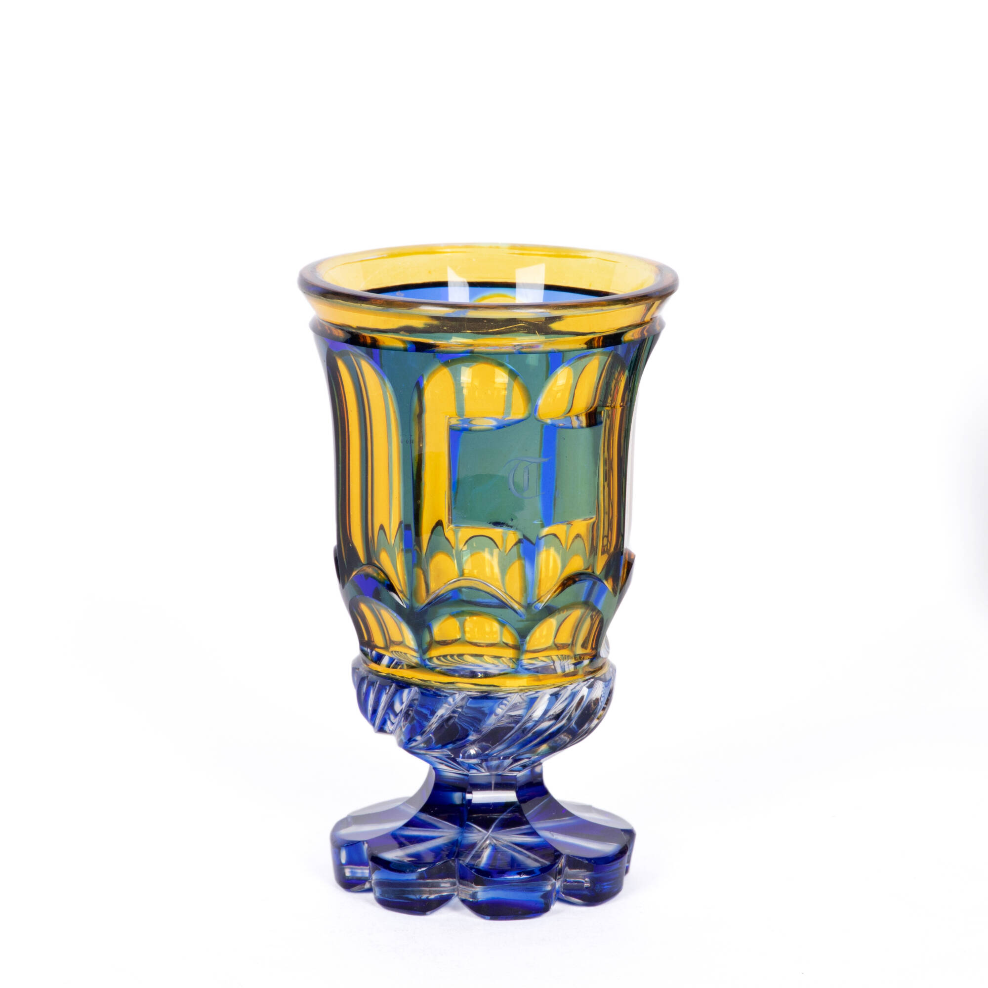 Goblet made of blue and yellow glass.